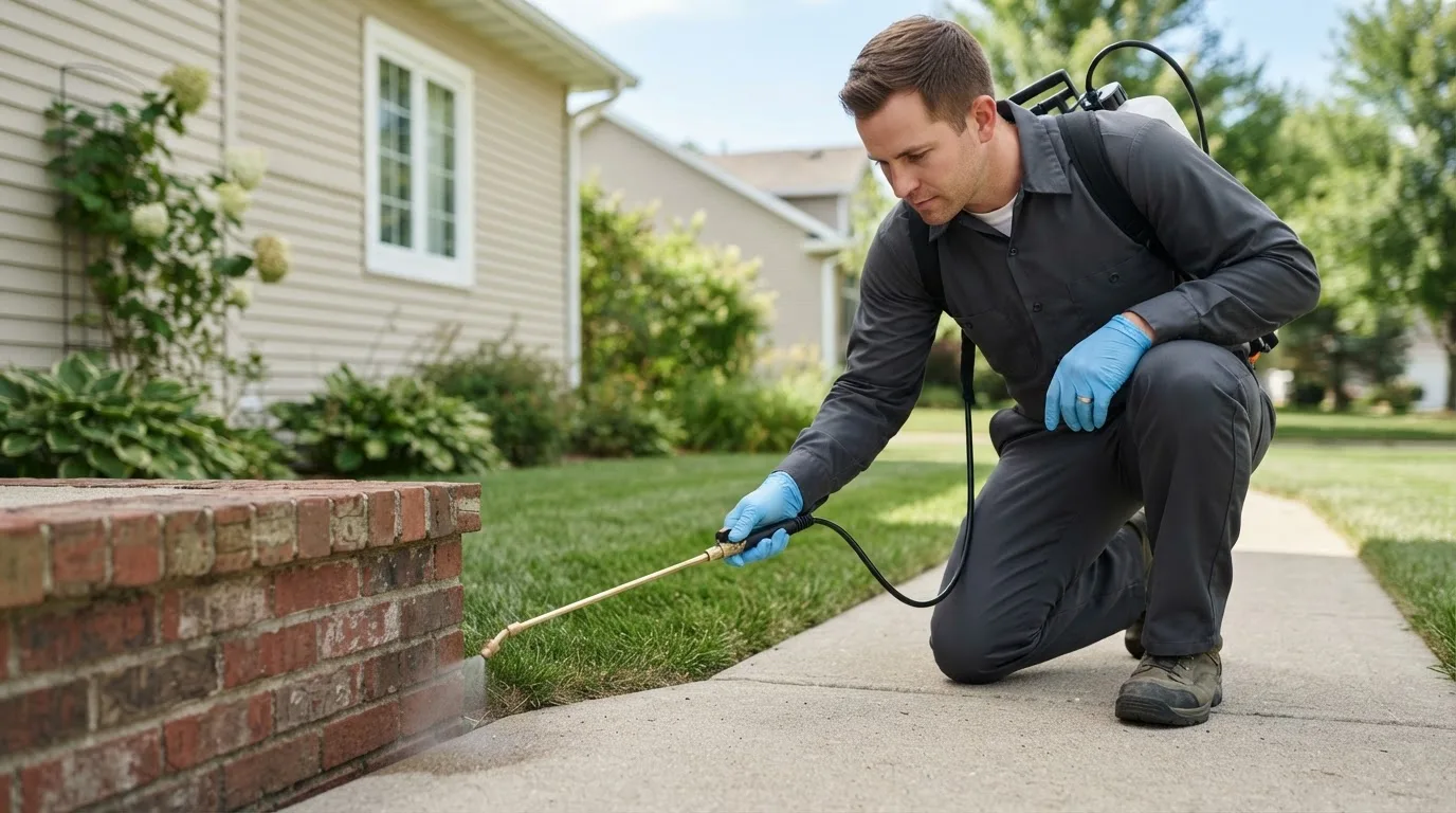 Pest control technician treating a home near West Townshend, VT